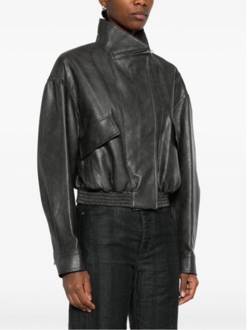 Classic Brown Leather Bomber Jacket with High Collar